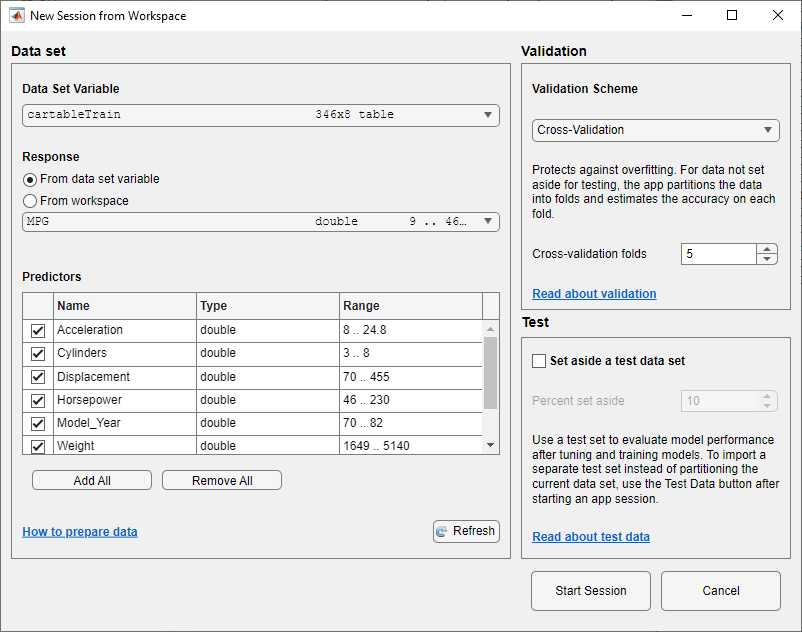 New Session from Workspace dialog box