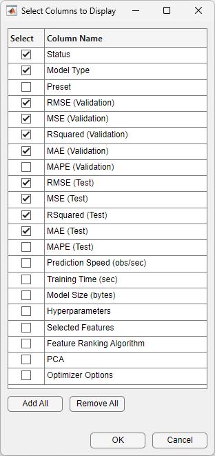 Select Columns to Display dialog box