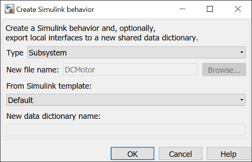 Create Simulink behavior with Type Subsystem for DC Motor