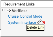If you point your cursor to requirement names listed for a sequence diagram element in the Requirement Links pane, the 'Show in Links View' and 'Delete Link' icons appear.