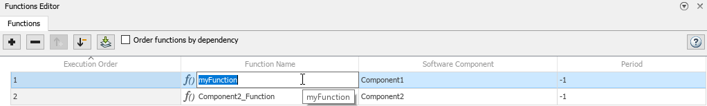 The Function Name column in the Functions Editor shows that the first function name has been changed to myFunction.