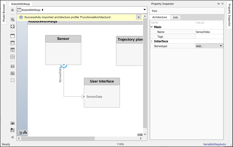 Using the Property Inspector on a port.