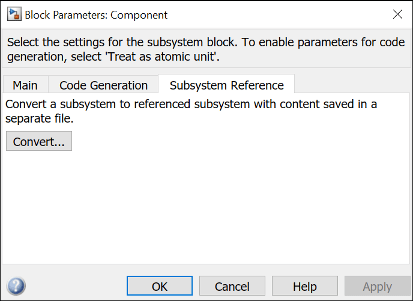 Block parameters for a subsystem component.