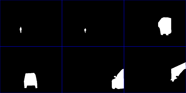 Six binary masks showing the segmentation of two pedestrians and four vehicles