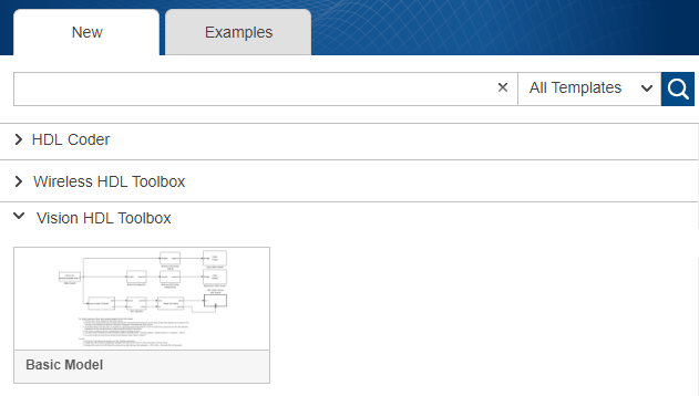 Simulink start page showing results of search for Vision HDL Toolbox templates.