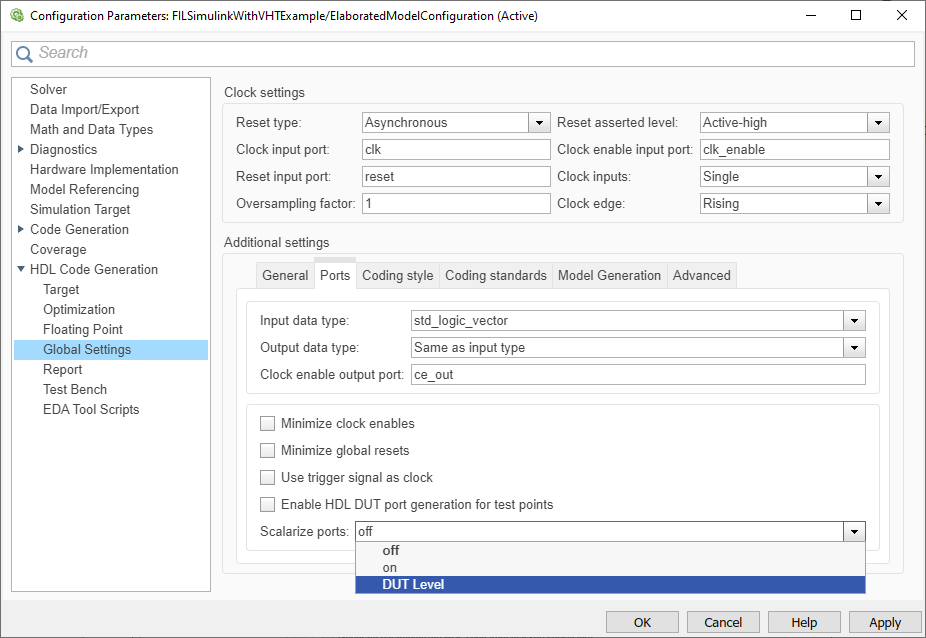 Configuration parameters, open to the HDL Code Generation > Global Settings pane and showing the drop down menu options for the Scalarize ports parameter