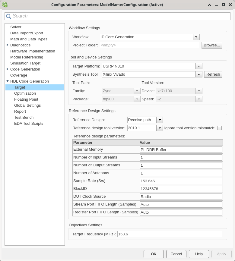 HDL Code Generation Target pane in the Configuration Parameters window.