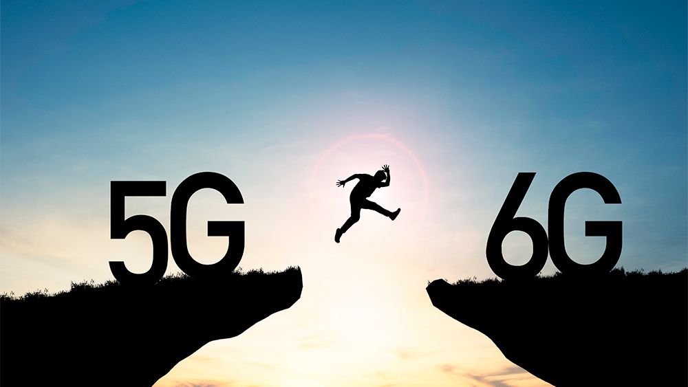 Provide alt text for images: Image of a person jumping from a hill called 5G to another hill called 6G symbolizing the transition of wireless systems. 