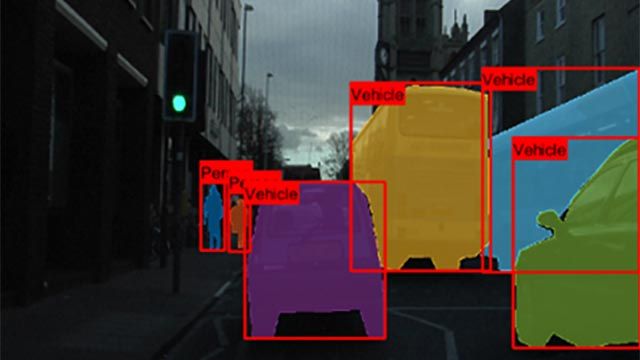 Instance Segmentation with SOLOv2 Pedestrians, cars, and buses labeled using instance segmentation.