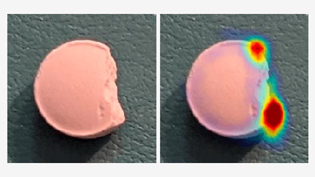 Detect Image Anomalies Using Explainable FCDD Neural Network Original pill image and the same image with anomaly markings.