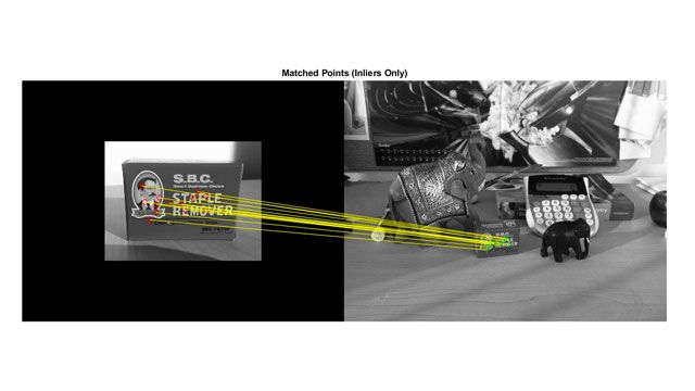 Object Detection in a Cluttered Scene Using Point Feature Matching Two side-by-side images of a box and of the same box within a larger scene, with lines connecting individual matching features in the images.