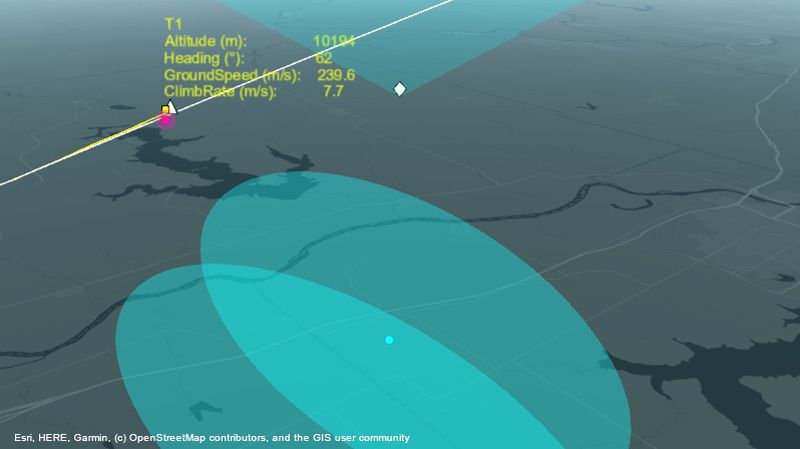 Flight trajectory of an aircraft shown as a white line traversing the Earth’s surface, with its altitude, heading, ground speed, and climb rate specified, alongside radar coverage shown as blue ellipses.